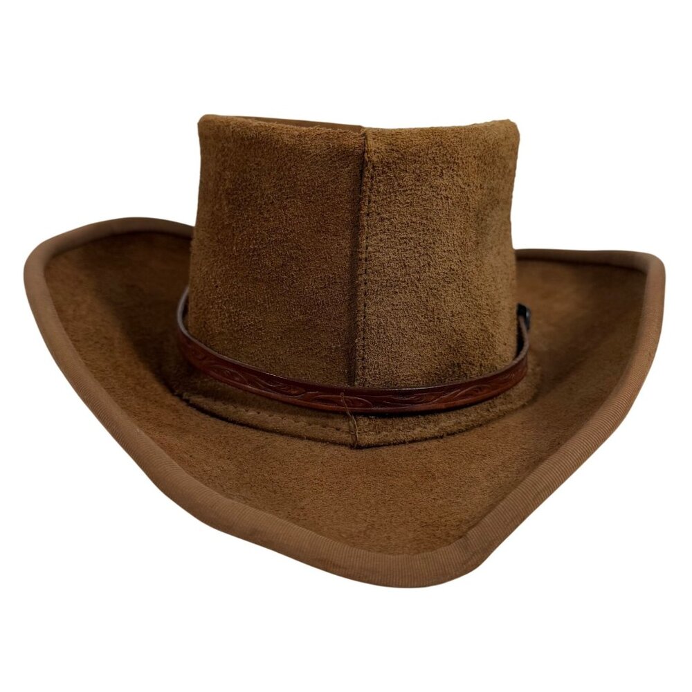 VTG Henschel Skully Western Suede Cowboy Hat Tooled Leather Buckle Band Size M